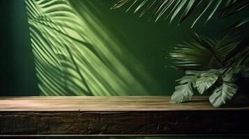 limpiar de madera mesa mostrador con tropical palma árbol en moteado luz. ai generado foto