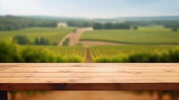 A French vineyard serves as the clouded establishment for an cleanse wooden table. Creative resource, photo