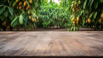 limpiar de madera mesa específico de hora como de tarde mango árbol establecimiento. creativo recurso, ai generado foto