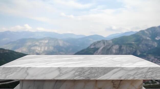 Marble surface table tabletop with mountain foundation for thing appear show. Creative resource, photo