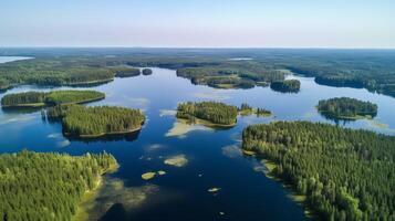 aerotransportado ver de azul agua lago y verde verano bosque en Finlandia. creativo recurso, ai generado foto