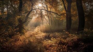 Disorienting scene of an collect time timberland with sunrays entering through the branches. photo