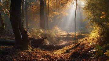 Disorienting scene of an accumulate time timberland with sunrays entering through the branches. photo