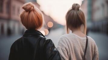 see from the back two lesbians hold hands, close-up on hands, clouded bokeh foundation. photo