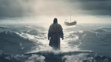 Jesus walks on water over the sea towards a watercraft inside the center of a storm. Scriptural subject concept. photo