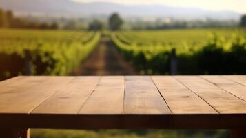 A French vineyard serves as the clouded foundation for an cleanse wooden table. Creative resource, photo