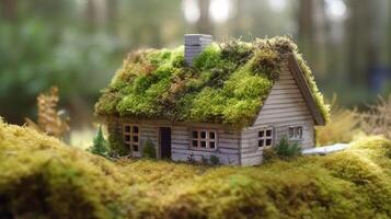 A paper private settled on a bed of greenery in a make, showing an eco-friendly house. Creative resource, photo