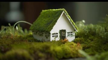 A paper private settled on a bed of greenery in a make, appearing an eco-friendly house. Creative resource, photo