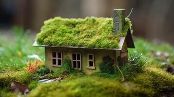 A paper private settled on a bed of greenery in a make, showing an eco-friendly house. Creative resource, photo