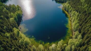 Airborne see of blue water lake and green summer woods in Finland. Creative resource, photo