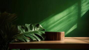 Cleanse wooden table counter with tropical palm tree in dappled daylight. photo