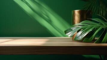 Cleanse wooden table counter with tropical palm tree in dappled sunshine. photo