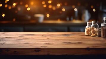 limpiar de madera mesa golpear con fuera de centrar luces bokeh común casa de Campo cocina establecimiento. creativo recurso, ai generado foto