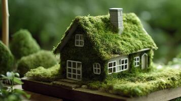 A paper private settled on a bed of greenery in a make, showing an eco-friendly house. Creative resource, photo