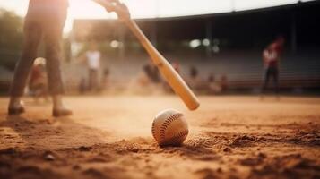 béisbol pelota, competidor murciélago columpio y velocidad en abierto hablar acerca de vestir campo con montar y nube. creativo recurso, ai generado foto