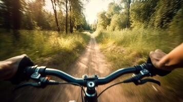 Bike, cycling and development darken with a sports person holding handle bars though riding open discuss closeup pov. Creative resource, photo