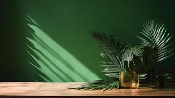 Cleanse wooden table counter with tropical palm tree in dappled daylight. photo