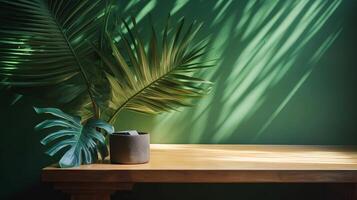 Cleanse wooden table counter with tropical palm tree in dappled sunshine. photo