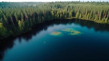 aerotransportado ver de azul agua lago y verde verano bosque en Finlandia. creativo recurso, ai generado foto