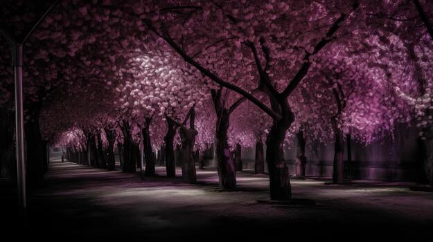 Purple cherry trees make after rain at night. photo