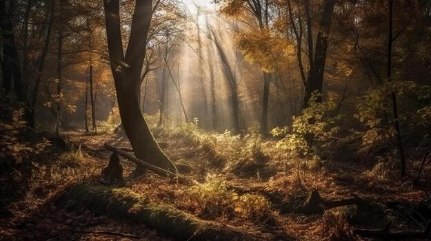 Disorienting scene of an collect time timberland with sunrays entering through the branches. photo