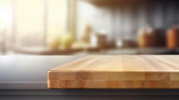limpiar de madera mesa con nublado cocina establecimiento. creativo recurso, ai generado foto