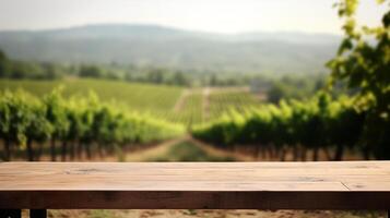 A French vineyard serves as the clouded establishment for an cleanse wooden table. Creative resource, photo