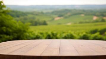 A French vineyard serves as the clouded establishment for an cleanse wooden table. Creative resource, photo