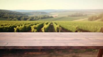 A French vineyard serves as the clouded foundation for an cleanse wooden table. Creative resource, photo