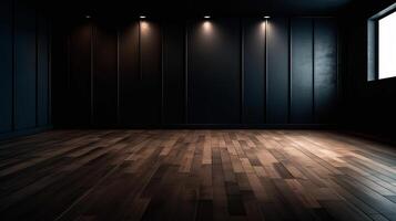 Cleanse light gloomy divider with amazing chiaroscuro and wooden floor. Direct establishment for thing presentation. Creative resource, photo