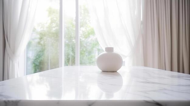 The establishment of an cleanse living room inner parts with window window embellishments is clouded behind an cleanse white marble stone tabletop. Creative resource, photo