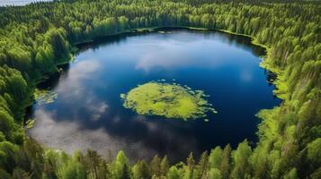 Airborne see of blue water lake and green summer woods in Finland. Creative resource, photo