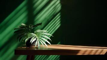 Cleanse wooden table counter with tropical palm tree in dappled daylight. photo