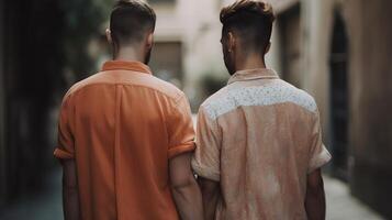 two gays hold hands, close-up on hands, clouded bokeh establishment. photo