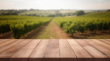 A French vineyard serves as the clouded establishment for an cleanse wooden table. Creative resource, photo