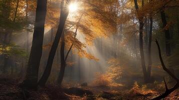 desorientador escena de un recoger hora Timberland con rayos de sol entrando mediante el sucursales. ai generado foto