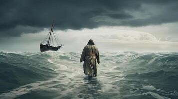 Jesus strolls on water over the ocean towards a watercraft internal parts the center of a storm. Scriptural subject concept. photo