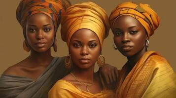 Three beautiful Afro-American women dressed in traditional African clothing posing for the camera. Not real models photo