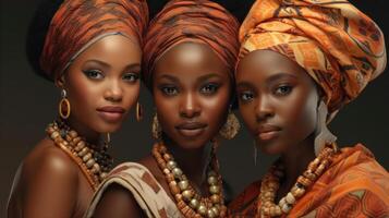 Three beautiful Afro-American women dressed in traditional African clothing posing for the camera. Not real models photo