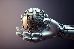 Robot hand holding globe. Futuristic technology background. photo