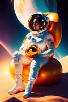 A woman in a space suit sits on a planet with a moon behind her. image. photo