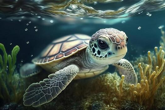 Realistic cute sea little turtle swimming in the underwater world. photo