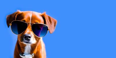 Cute brown little dog with sunglasses isolated on blue background. Pet shop banner. Place for text. photo