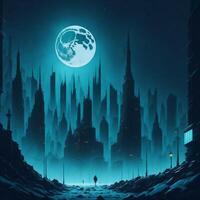 Dark Cyan Gotham City with full moon created with technology photo