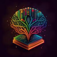 This whimsical image shows a brain with a library inside, its neurons and synapses lit up in a rainbow of joyful colors. A stack of books on a shelf indicates knowledge and learning, photo