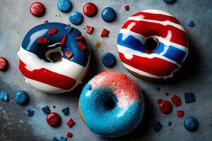 Red, White, and Blue Doughnuts with Glaze. . Fresh sweet donuts in motion with multicolored fruit glaze and sprinkles decorated. Fast sweet food concept, bakery ad design elements. photo