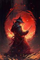 un samurai en un demoníaco rojo máscara en el campo de batalla hace un columpio con un katana creando un candente fuego anillo alrededor, él es un místico marcial. ilustración pintura ai generativo foto