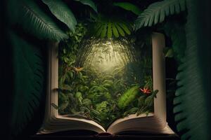 A tropical rainforest jungle with parrot, bird, monkey, wolf appearing opening a book. Jungle book for kid. fantastic jungle landscape. photo