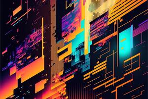 Abstract background with interlaced digital glitch and distortion effect. Futuristic cyberpunk design. Retro futurism, web punk, rave 80s 90s cyberpunk aesthetic techno neon colors. photo