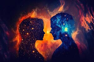 Man and woman silhouettes at abstract cosmic background. Human souls couple in love. Astral body, esoteric and spiritual life concept photo